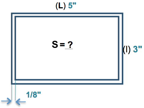 Schéma du trou découpé dans un mur en panneaux de gypse avec longueur de 5'' largeur de 3'' de long et un dégagement de 1/8'' sur tous les côtés de la boîte. Quelle est la surface S du trou ?