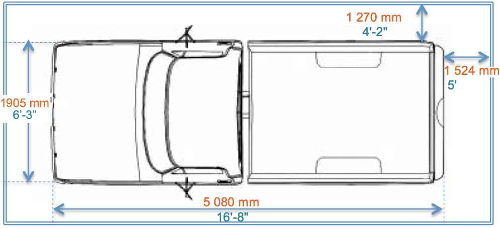 Schéma vu du dessus d’un camion stationné dans un garage avec les dimensions en millimètres et en pieds et pouces.