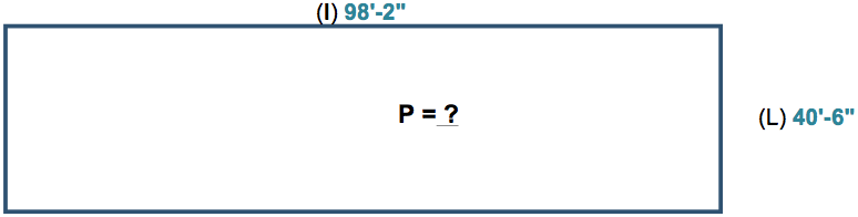 Schéma d’un terrain rectangle d’une longueur de 98'-2'' par 40'-6'' de largeur. Quel est le périmètre ?
