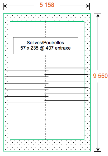 Schémas illustrant le positionnement des solives et poutrelles avec les mesures en système impérial et en système métrique. Vues de dessus.