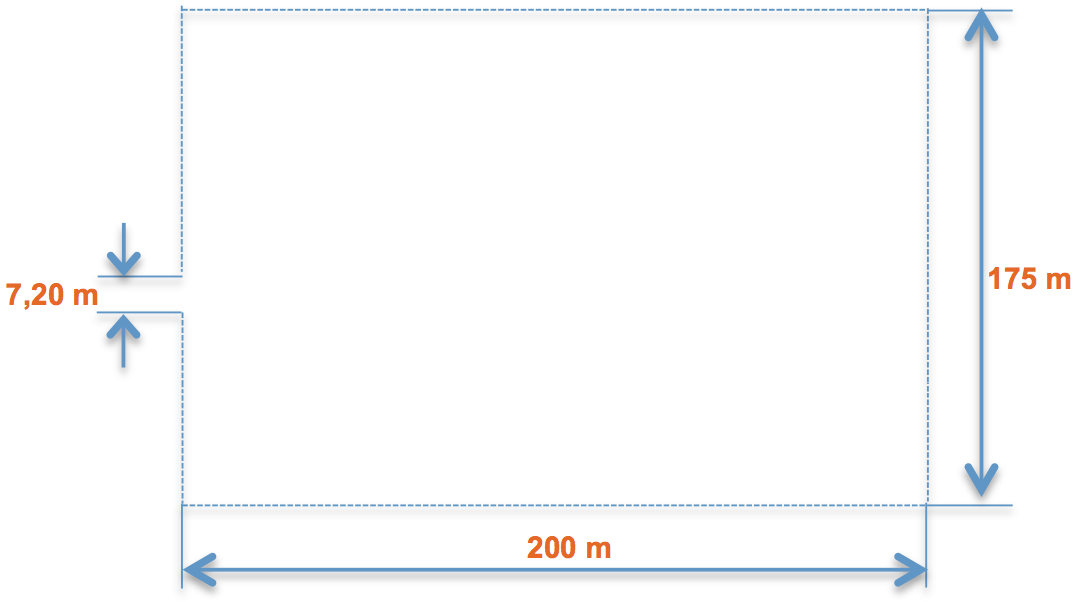 Schéma vu du dessus d’un stationnement de 200 m de long par 175 m de large avec une ouverture de 7,20 m au milieu de la largeur, à gauche.