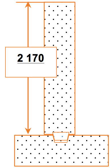 Schéma Autocad d’une coupe du mur de fondation et de l’empattement avec une hauteur de mur de 2 170 mm.