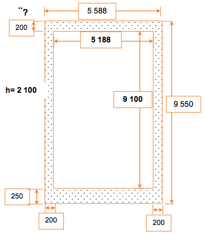 Schéma Autocad du mur de la fondation, vu de dessus avec dimensions intérieures et extérieures en millimètres.