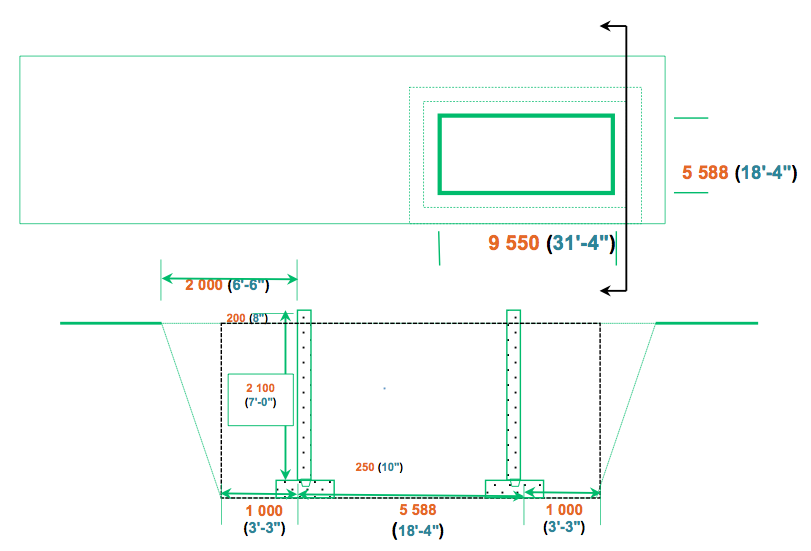 Schéma vu du dessus du terrain, du bâtiment et du volume de terre à excaver avec les dimensions du bâtiment.
Schéma coupe du volume de terre à excaver pour calculer le volume du béton des murs de fondation.