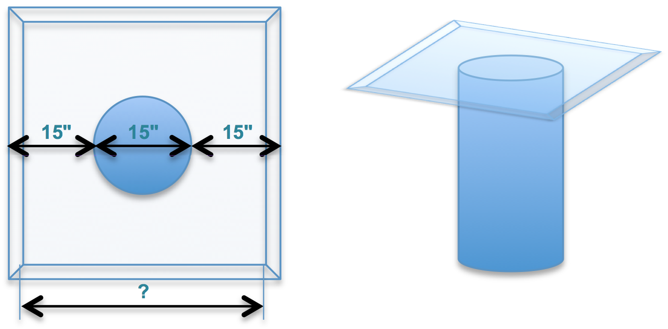 Schéma vu du dessus et image en 3 dimensions d’un réservoir souterrain rond de 15'' de diamètre, au dessus duquel se trouve une dalle de béton carrée qui dépasse le périmètre du réservoir de 15'' de chaque côté.