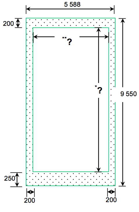 Schéma Autocad des composantes de construction de la fondation avec les mesures en système métrique.