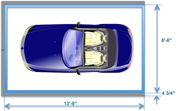 Vue du dessus d’un garage où un espace d’une longueur de 13'-9'' et une largeur de 8'-6'' est prévu pour un véhicule. Épaisseur de la cloison sèche sur 3 côté : 4'' ¾. Quel est le périmètre extérieur ?