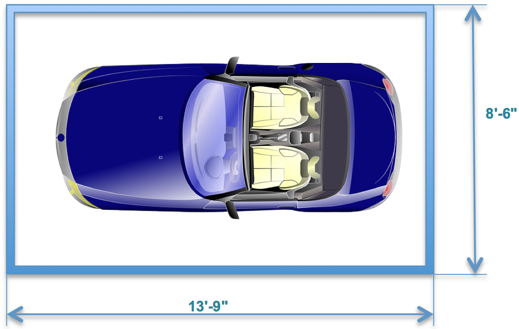 Vue du dessus d’un garage où un espace d’une longueur de 13'-9'' et une largeur de 8'-6'' est prévu pour un véhicule. Quelle est la surface en pieds carrés ?