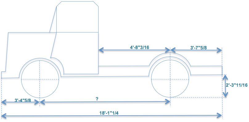 Schéma d’une coupe d’un camion pour calcul de la longueur entre l’axe des roues avec longueur totale de 18'-1'' ¼, longueur de l’axe de roue à l’avant de 3'-4'' 5/8 et longueur de l’axe de roue à l’arrière : 3'-7'' 5/8
