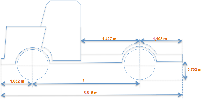 Schéma d’une coupe d’un camion pour calcul de la longueur entre l’axe des roues avec longueur totale de 5,518 m, longueur de l’axe de roue à l’avant de 1,032 m et longueur axe de roue à l’arrière de 1,108 m