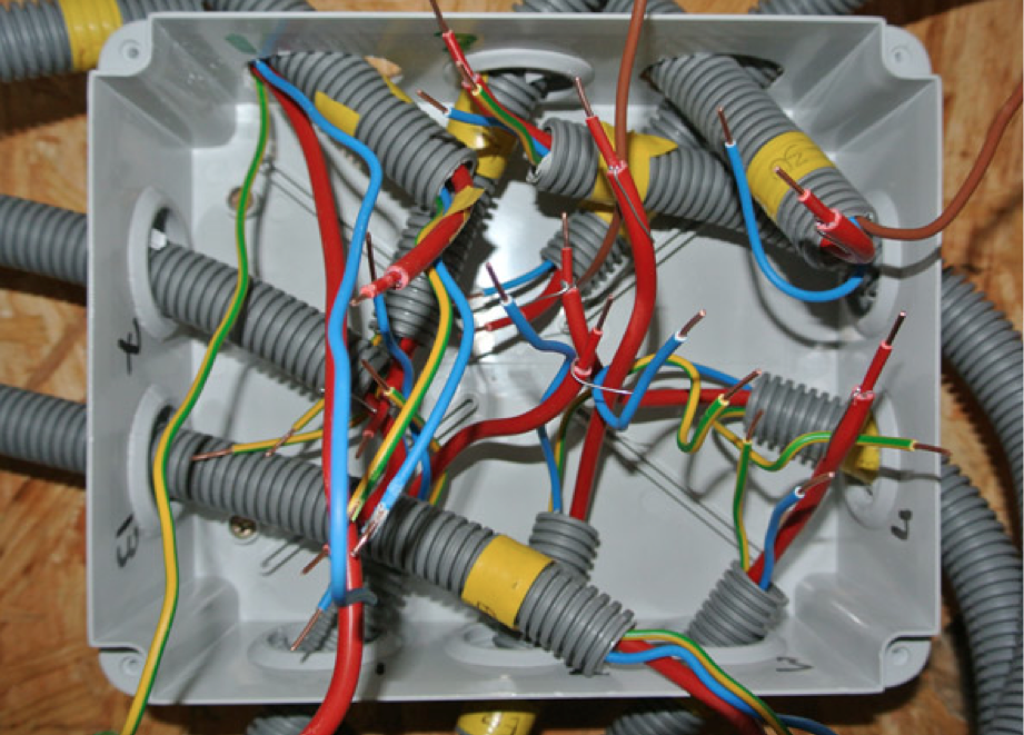 Photographie d’une boîte de jonction électrique ouverte avec 10 conducteurs dont sortent des fils rouges, bleus et jaunes et verts.