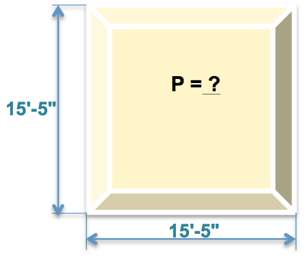 Schéma d’un plafond carré à caissons lumineux de 15'-5''. Quel est le périmètre P de ce plafond ?
