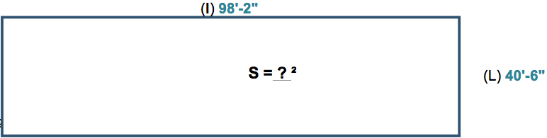 Schéma d’un terrain rectangle d’une longueur de 98'-2'' par 40'-6'' de largeur. Quelle est la surface ?