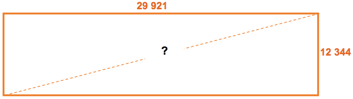 Schéma d’un terrain de 29 921 mm de long par 12 344 mm de large. Quelle est la diagonale du terrain ?