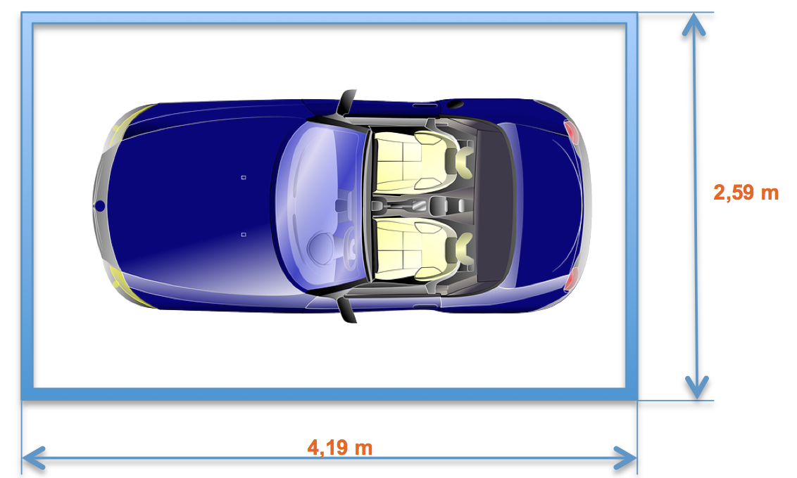 Vue du dessus d’un garage où un espace d’une longueur de 4,19 m et une largeur de  2,59 m est prévu pour un véhicule. Quelle est la surface en mètres carrés ?